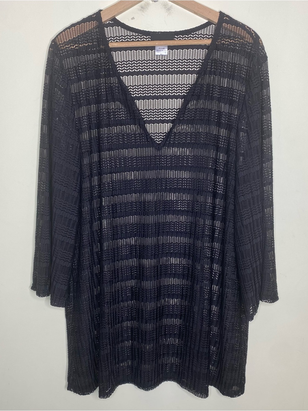 Jordan Taylor XL Black Stretchy Crochet V-Neck Swim Cover-Up w/ 3/4 Sleeves